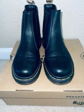 Dr. Martens Black Chelsea Boots,2976  Yellow Welt Stitching pristine vegan